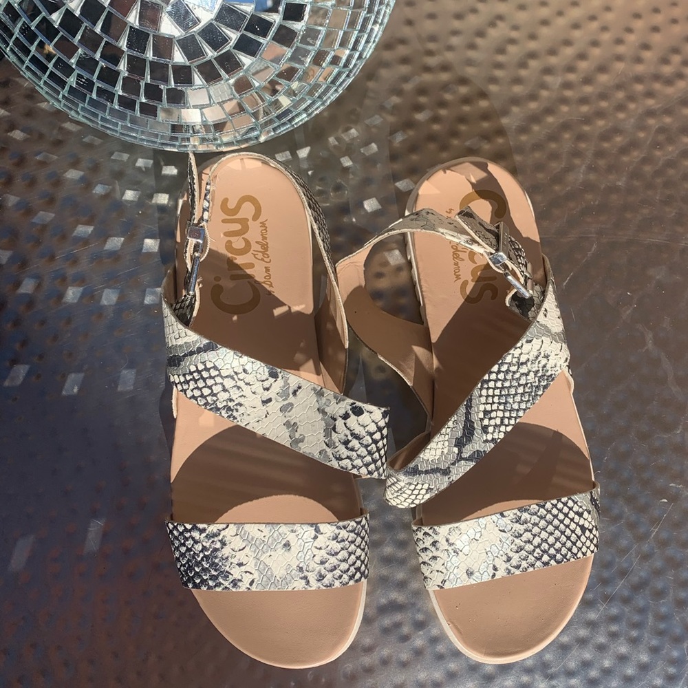 Circus Sam Edelman silver/white/blk snakeskin print vegan leather sandals sz 9.5